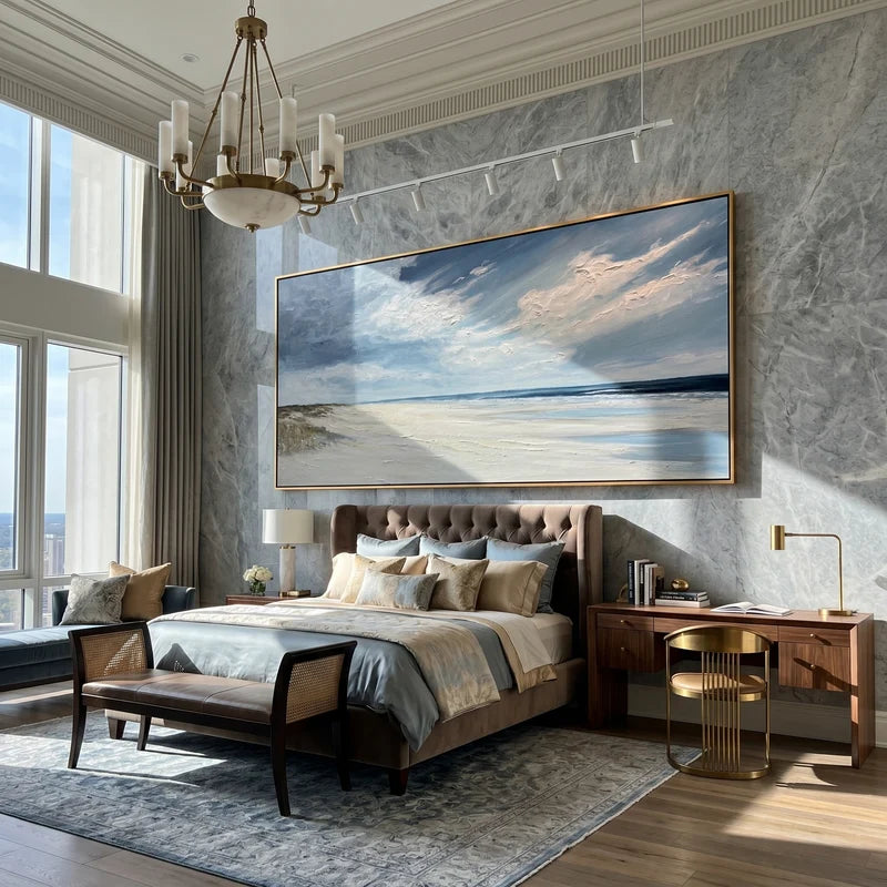 Coastal Beach Wall Art – Blue Sky & Sandy Shore Painting#yy825066