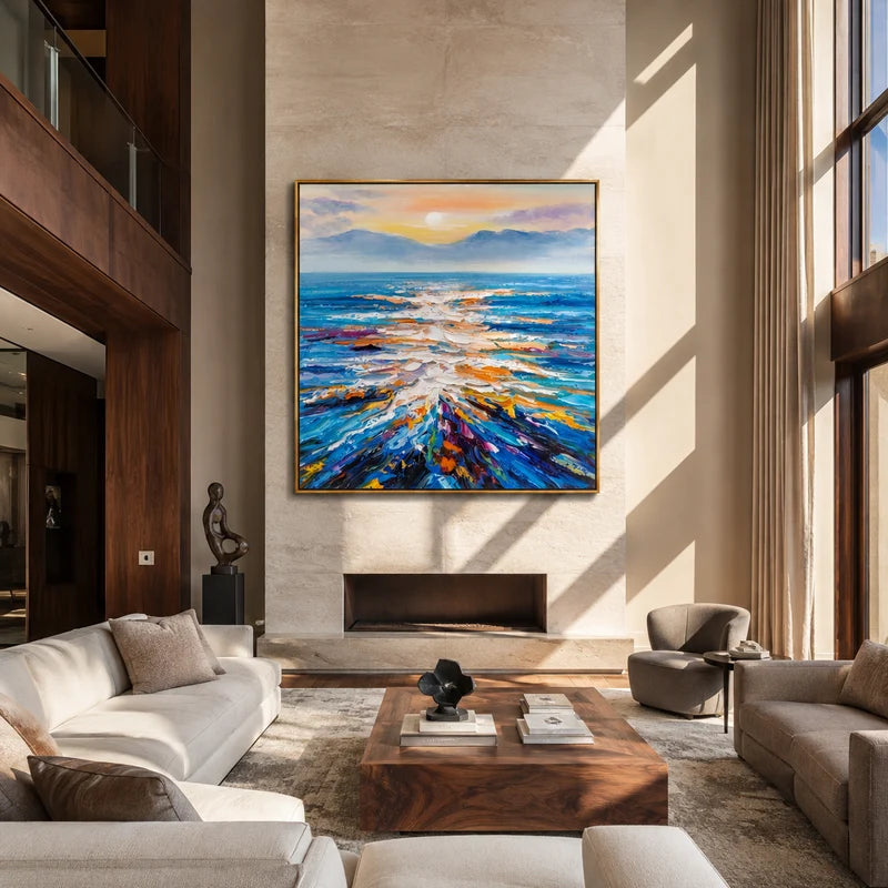 Sunlit Horizon Ocean Wall Art – Colorful Textured Seascape#yy825074