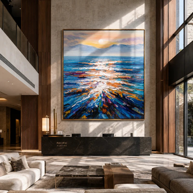 Sunlit Horizon Ocean Wall Art – Colorful Textured Seascape#yy825074