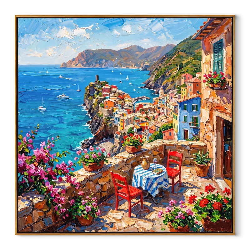 Italian Coast Wall Art – Colorful Mediterranean Terrace Painting#yy825077