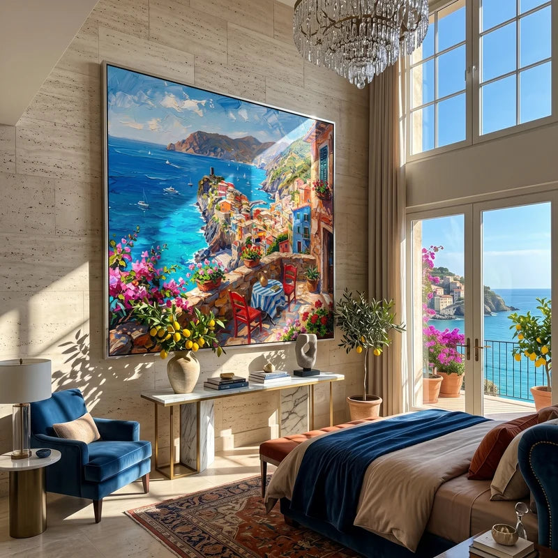 Italian Coast Wall Art – Colorful Mediterranean Terrace Painting#yy825077
