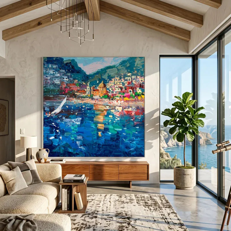 Colorful Italian Harbor Wall Art – Mediterranean Coastal Town Painting#yy825080