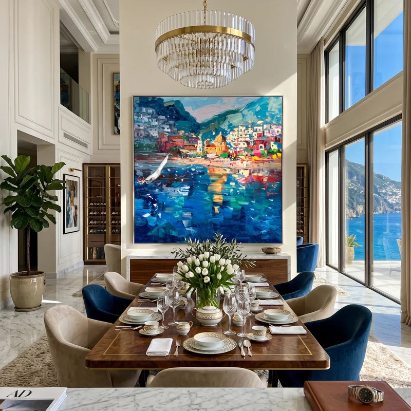 Colorful Italian Harbor Wall Art – Mediterranean Coastal Town Painting#yy825080