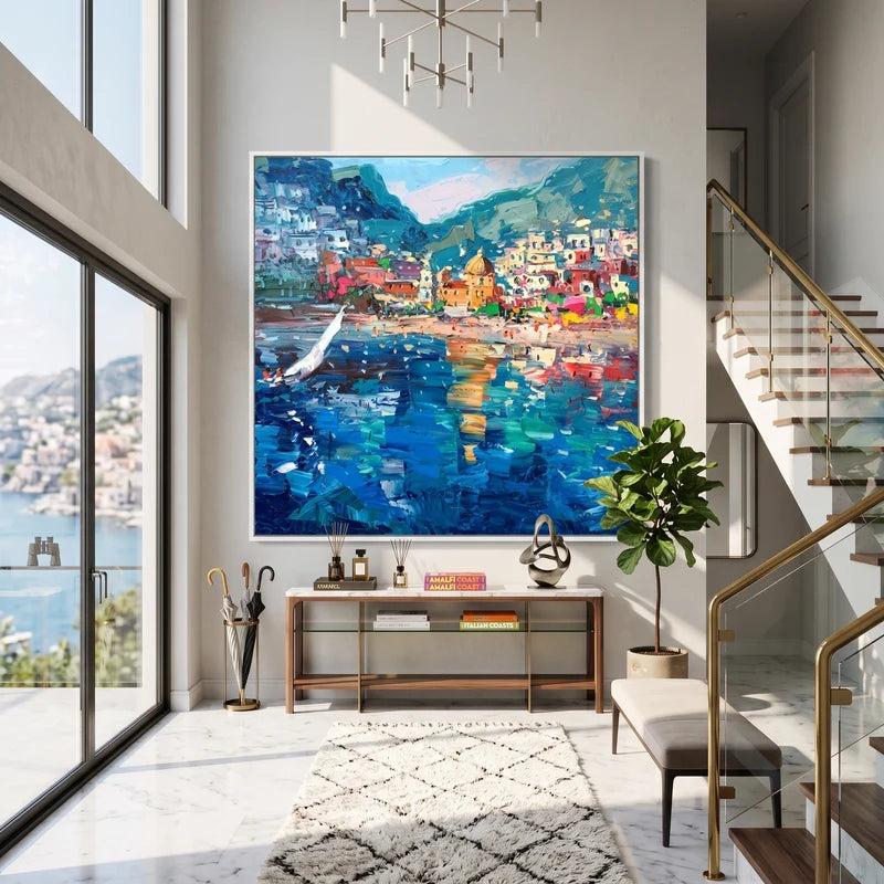 Colorful Italian Harbor Wall Art – Mediterranean Coastal Town Painting#yy825080
