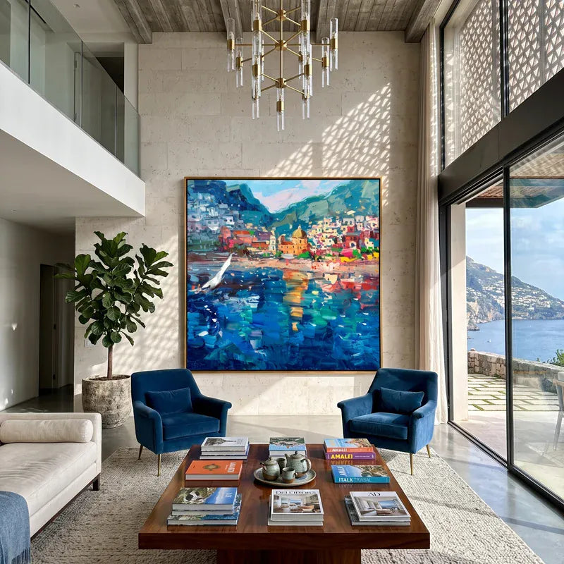 Colorful Italian Harbor Wall Art – Mediterranean Coastal Town Painting#yy825080