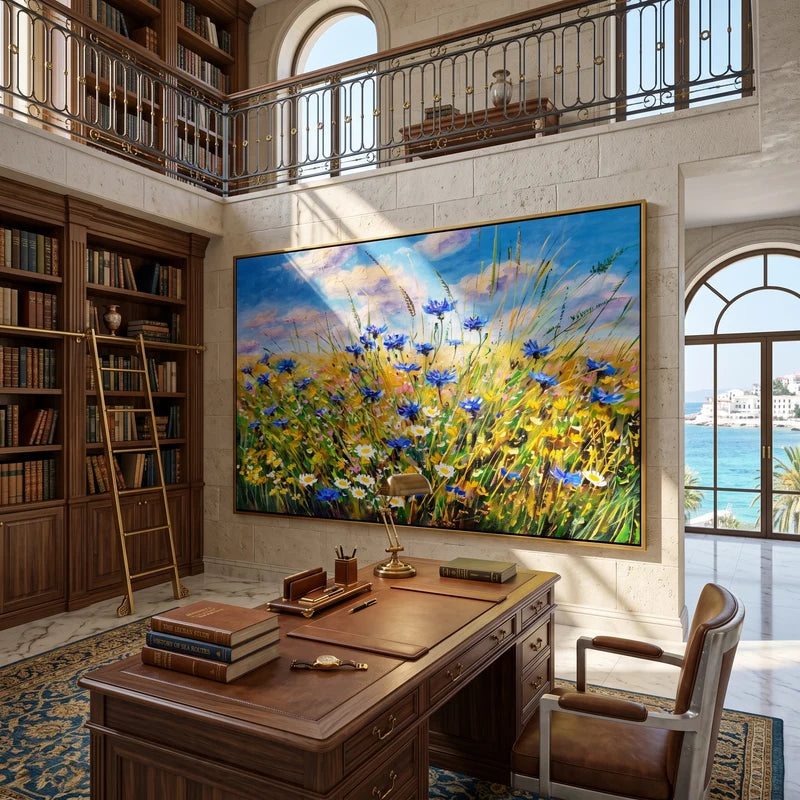 Blue Cornflower Meadow Wall Art – Colorful Wildflower Painting#yy825083