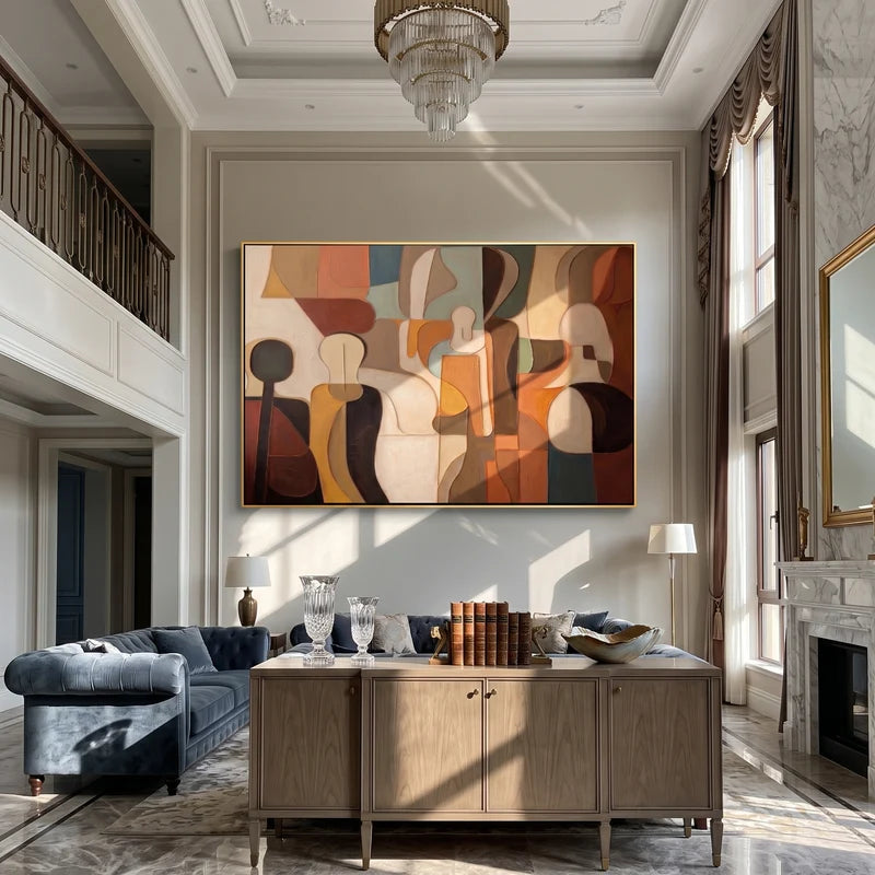 Mid-Century Abstract Figure Wall Art – Earth Tone Geometric Painting#yy825086