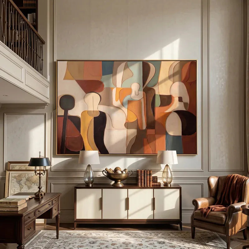Mid-Century Abstract Figure Wall Art – Earth Tone Geometric Painting#yy825086