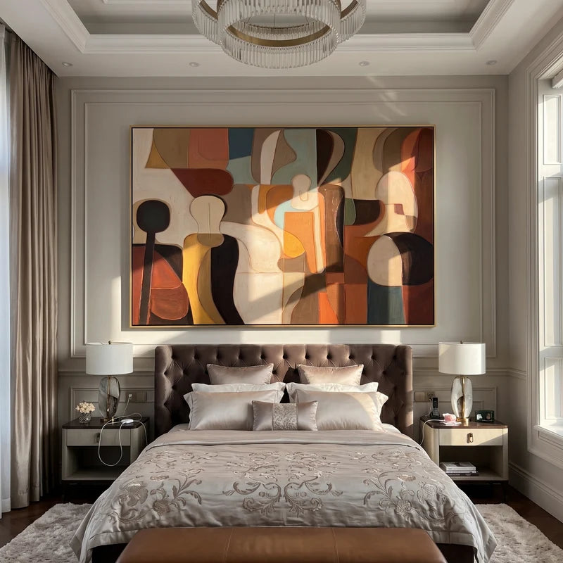 Mid-Century Abstract Figure Wall Art – Earth Tone Geometric Painting#yy825086