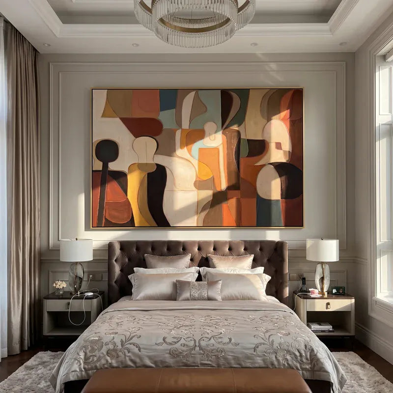 Mid-Century Abstract Figure Wall Art – Earth Tone Geometric Painting#yy825086