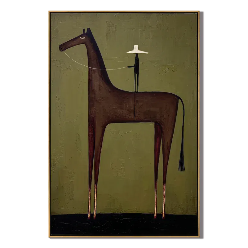Tall Brown Horse Rider Wall Art – Olive Green Western Painting#yy825087