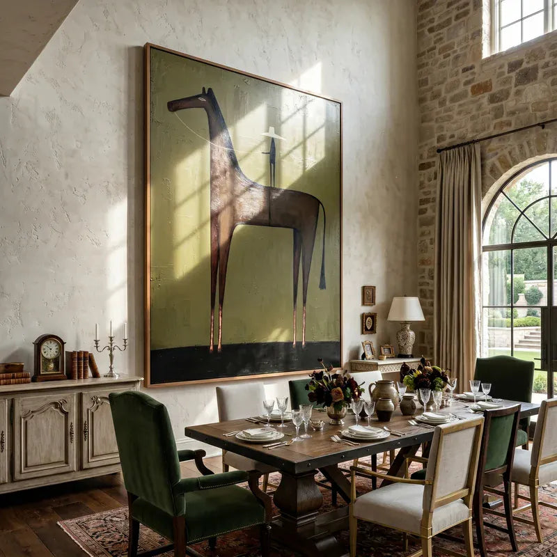 Tall Brown Horse Rider Wall Art – Olive Green Western Painting#yy825087
