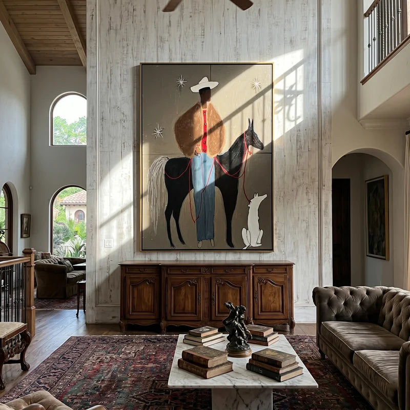 Cowboy Horse and Dog Wall Art – Starry Western Folk Painting#yy825089