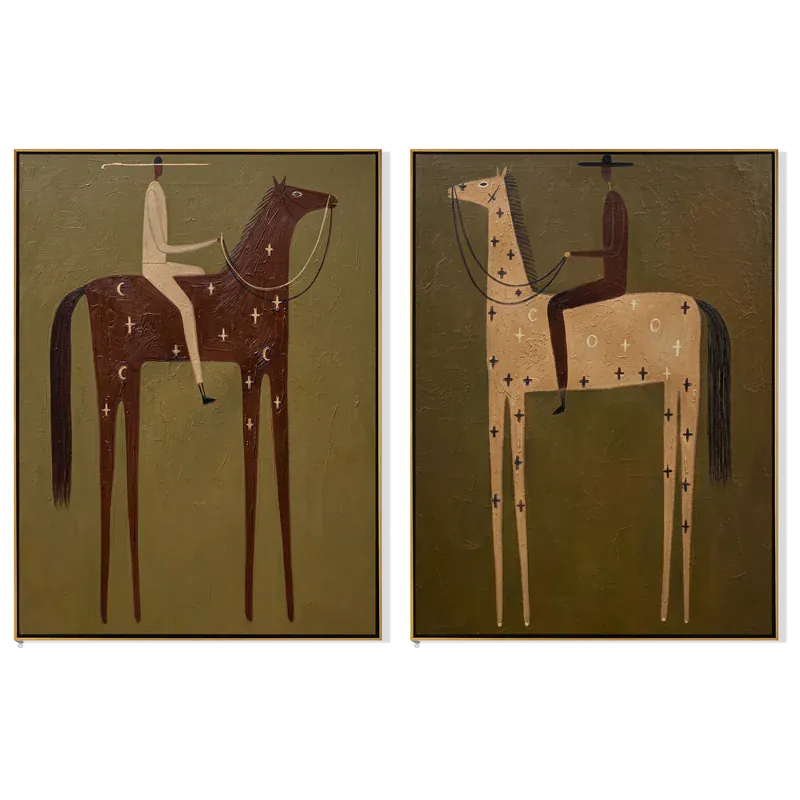Folk Art Horse and Rider Wall Art – Brown & Tan Set of 2#yy825094