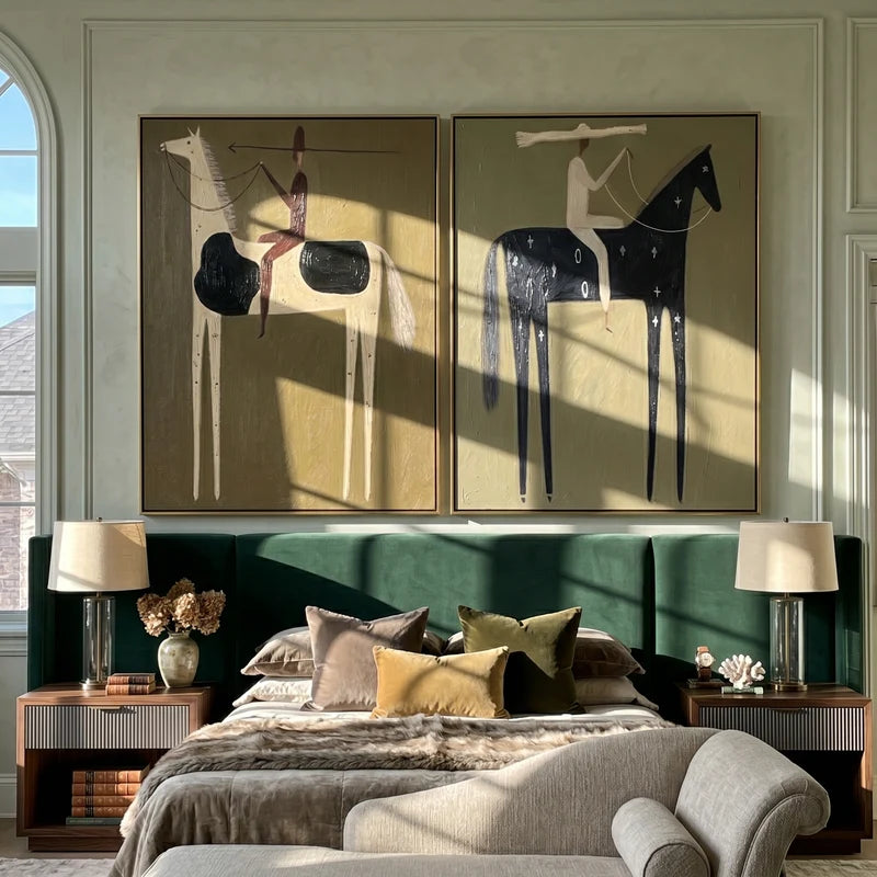 Symbolic Horse Riders Diptych – Arrow and Celestial Western Wall Art#yy825098