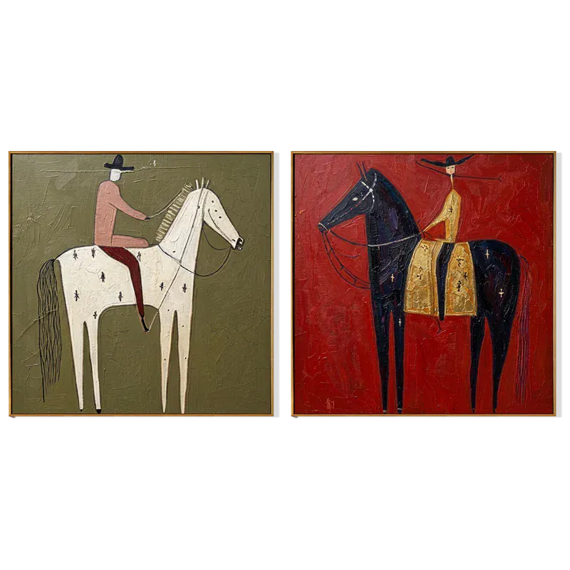 Celestial White and Black Horse Riders Diptych – Red and Olive Western Art#yy825099