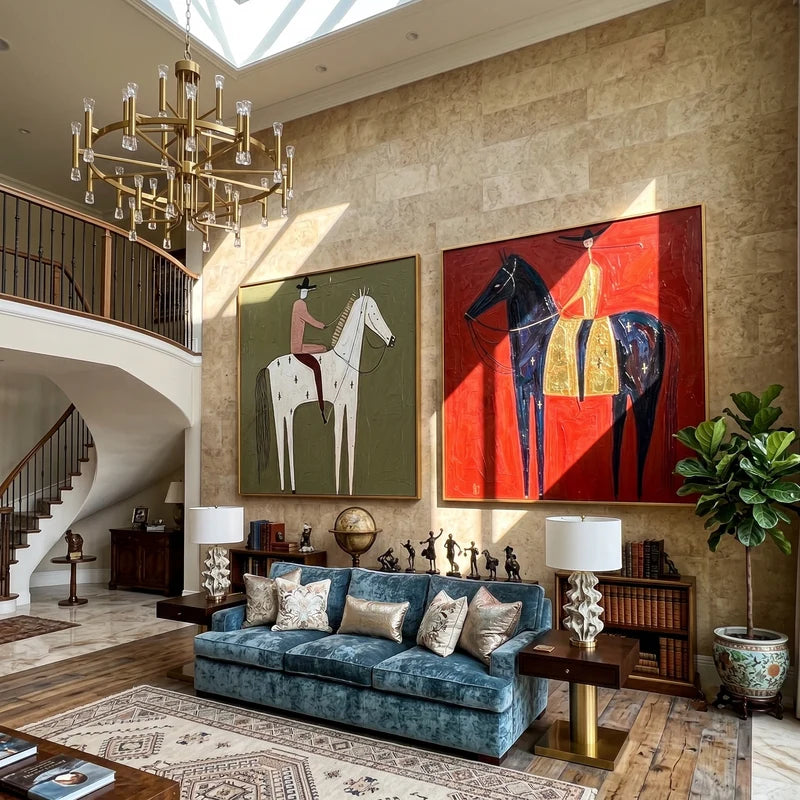 Celestial White and Black Horse Riders Diptych – Red and Olive Western Art#yy825099