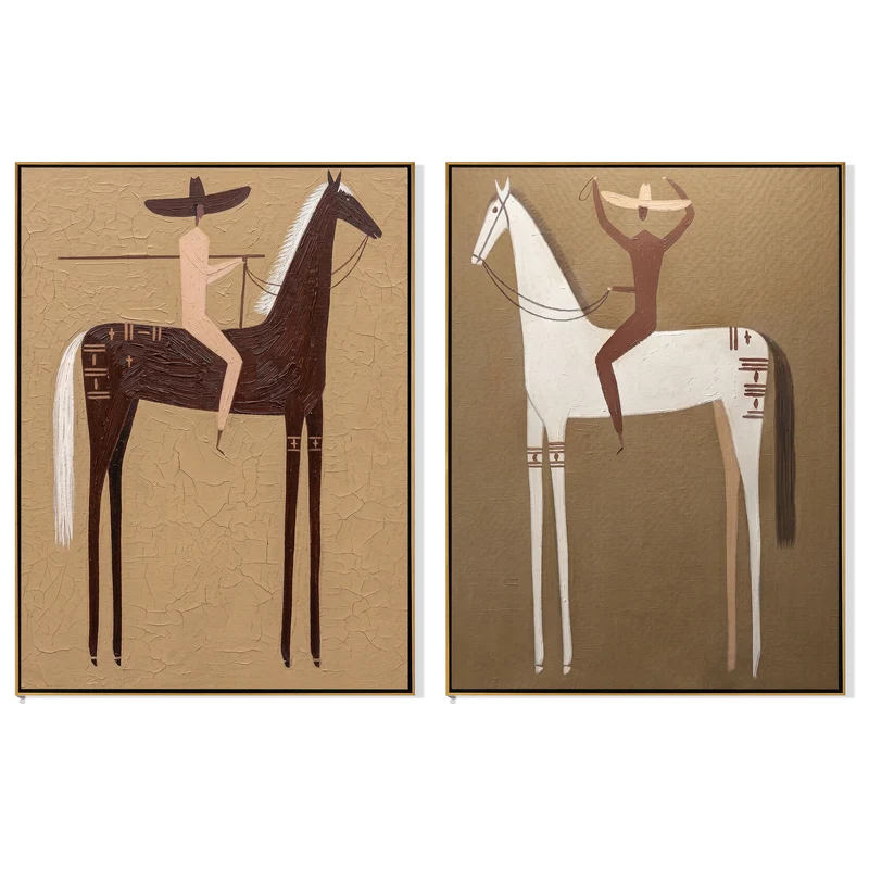 Brown and White Horse Riders Diptych – Southwestern Lasso Wall Art#yy825100