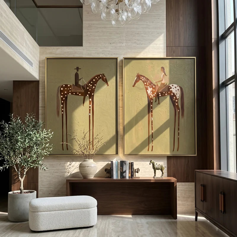 Spotted Horse Riders Diptych – Cowboy and Horsewoman Western Wall Art#yy825101