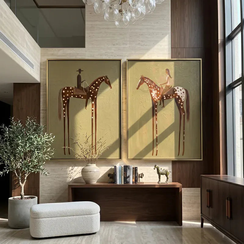 Spotted Horse Riders Diptych – Cowboy and Horsewoman Western Wall Art#yy825101