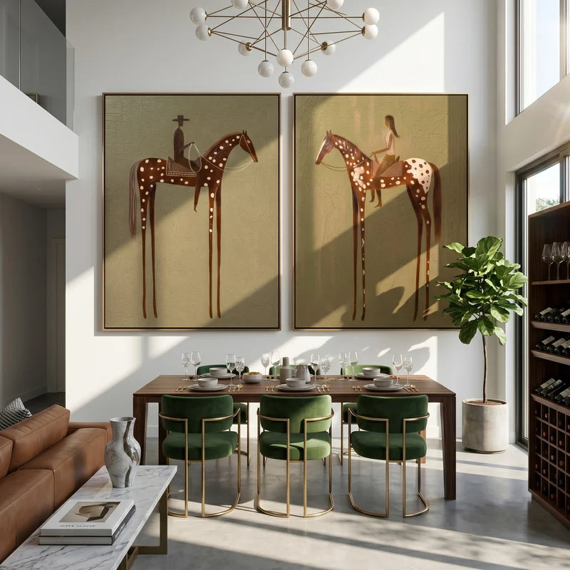 Spotted Horse Riders Diptych – Cowboy and Horsewoman Western Wall Art#yy825101