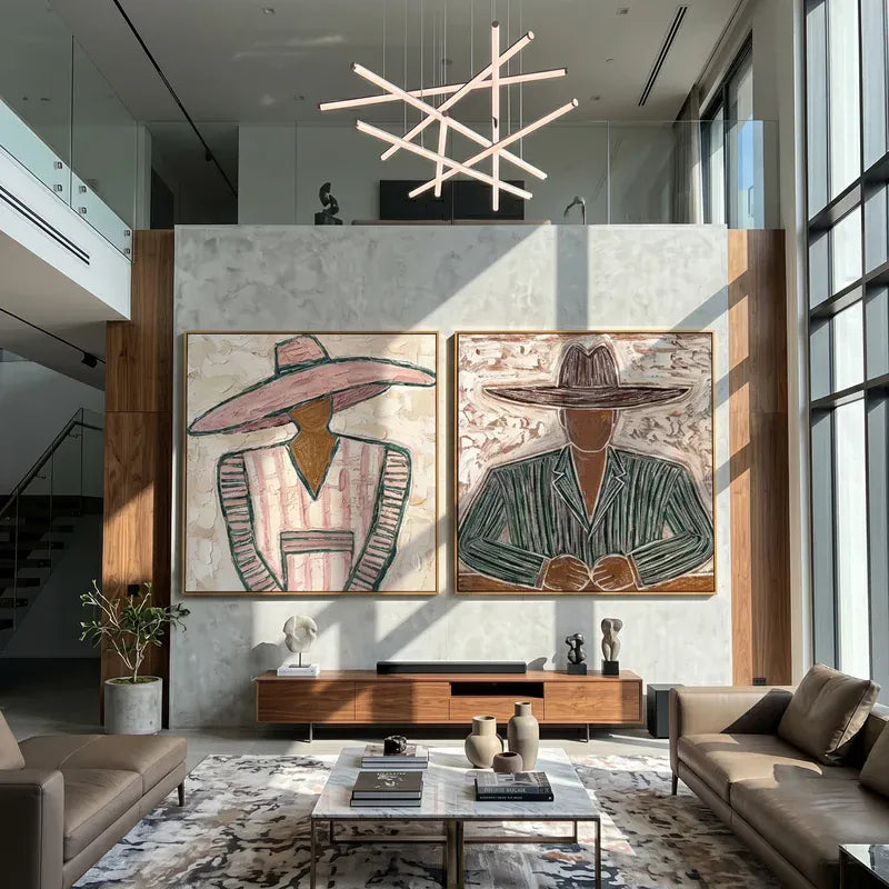 Pink Hat and Green Pinstripe Western Portrait Diptych Wall Art#yy825102
