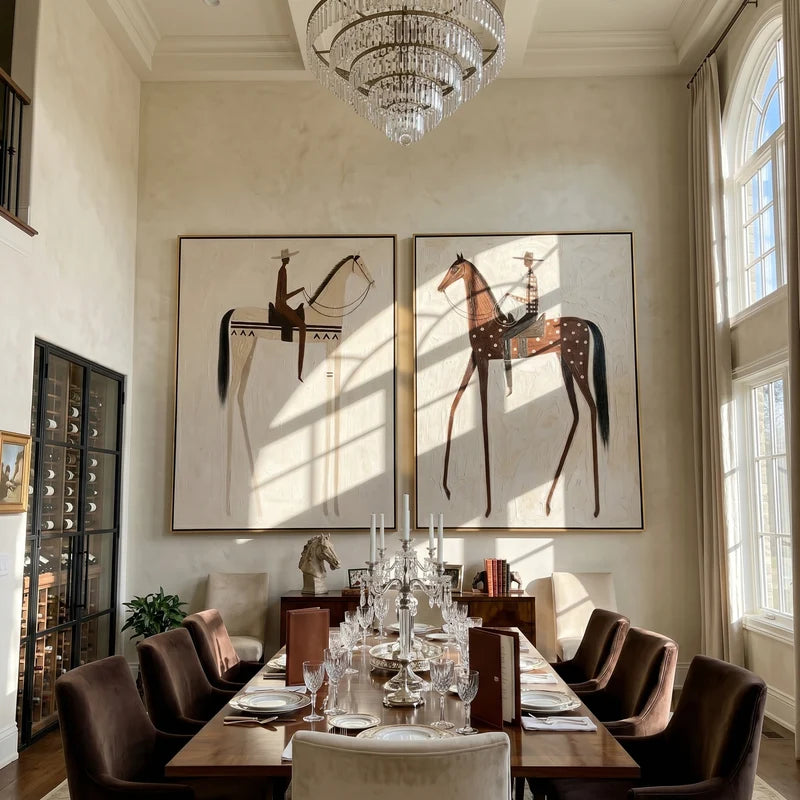 Ivory and Dappled Horse Rider Diptych – Cream Western Wall Art#yy825103