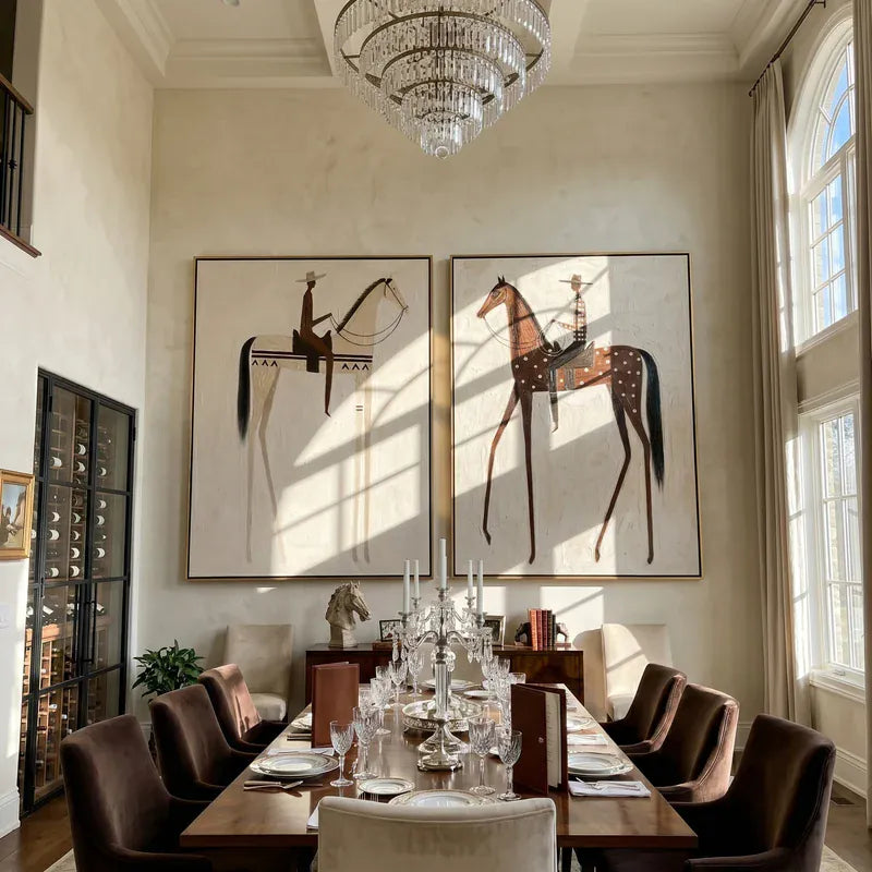 Ivory and Dappled Horse Rider Diptych – Cream Western Wall Art#yy825103