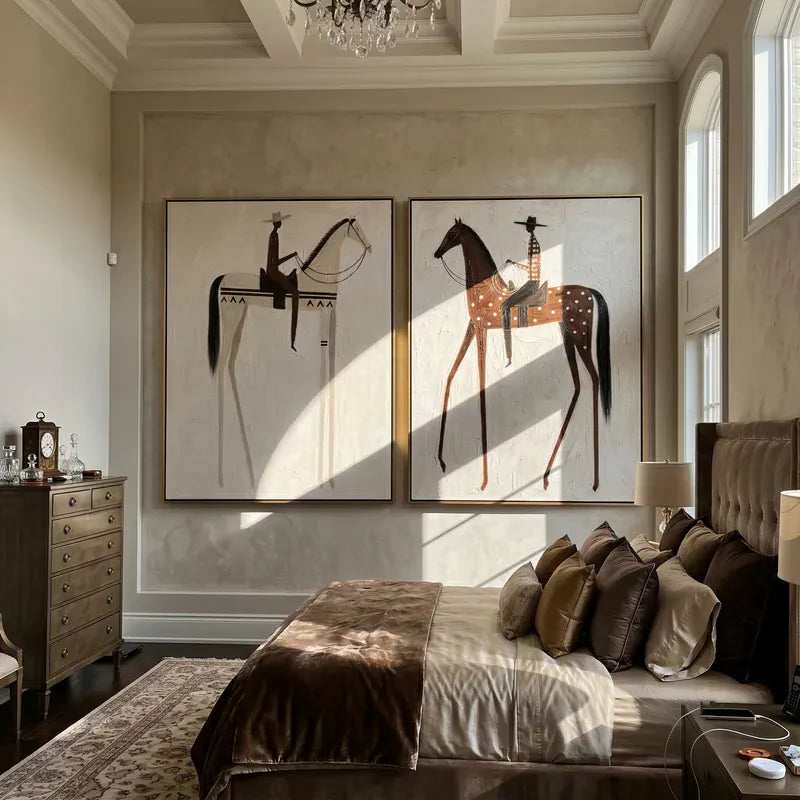 Ivory and Dappled Horse Rider Diptych – Cream Western Wall Art#yy825103