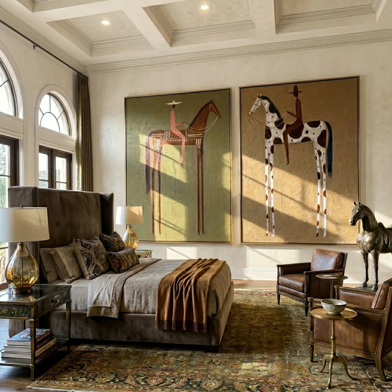Geometric Chestnut and Pinto Horse Rider Diptych – Neutral Ranch Wall Art#yy825106