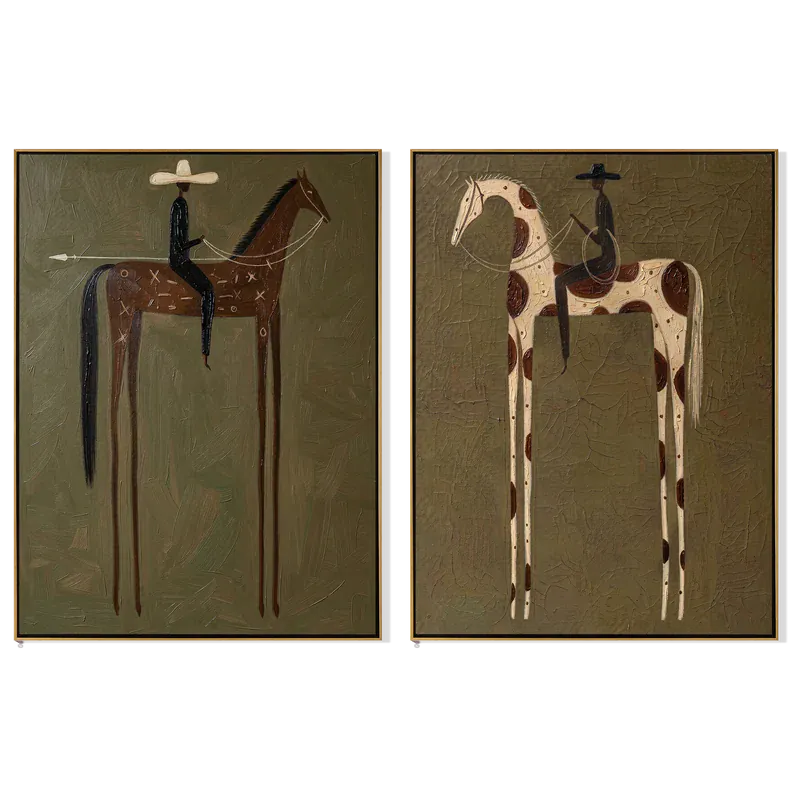 Symbolic Brown and Pinto Horse Rider Diptych – Olive Western Wall Art#yy825107