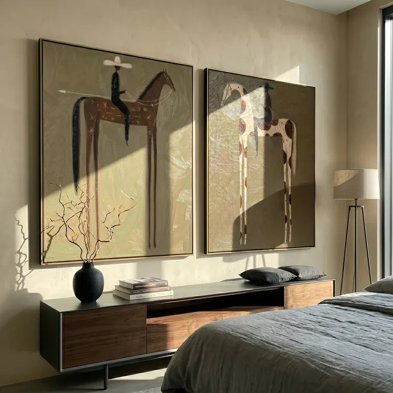 Symbolic Brown and Pinto Horse Rider Diptych – Olive Western Wall Art#yy825107