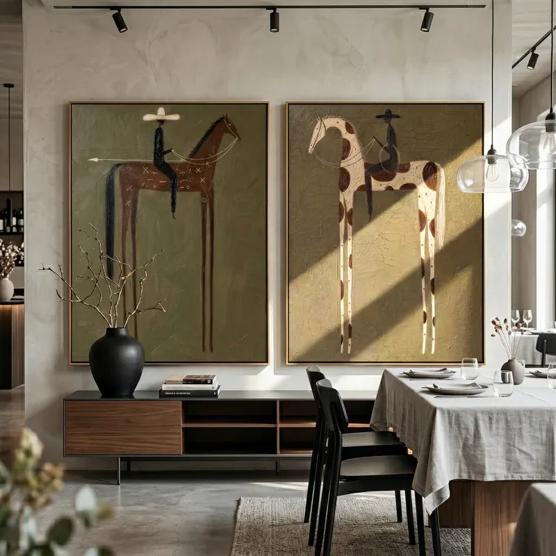 Symbolic Brown and Pinto Horse Rider Diptych – Olive Western Wall Art#yy825107