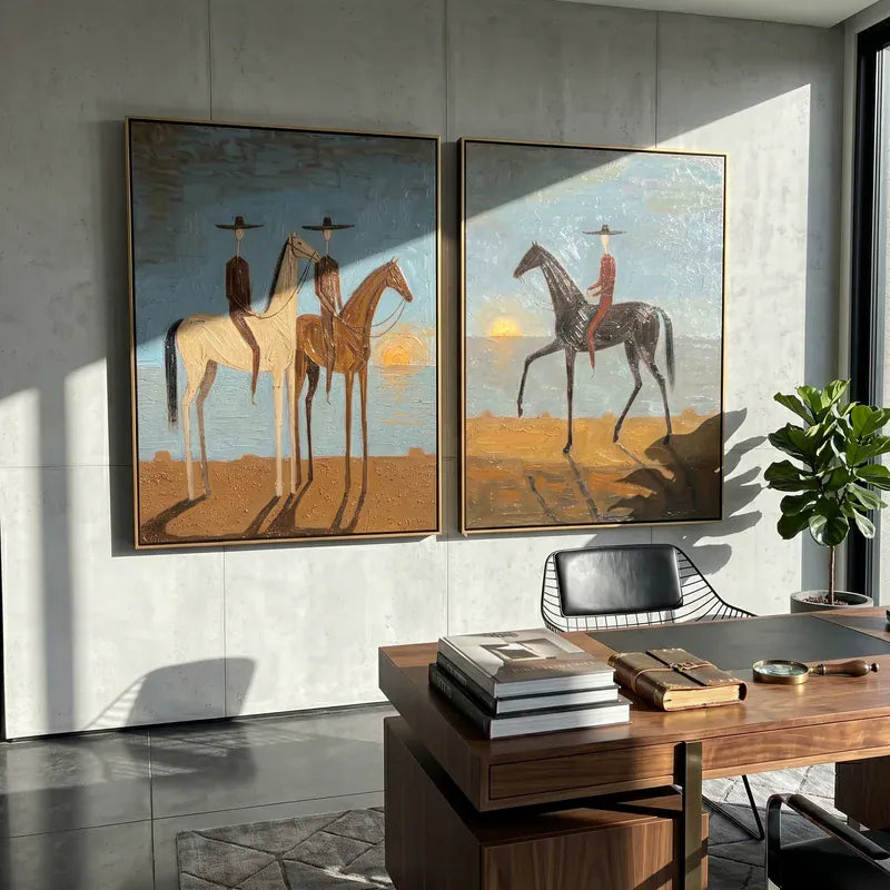Sunset Horse Riders Diptych – Western Desert Wall Art#yy825109