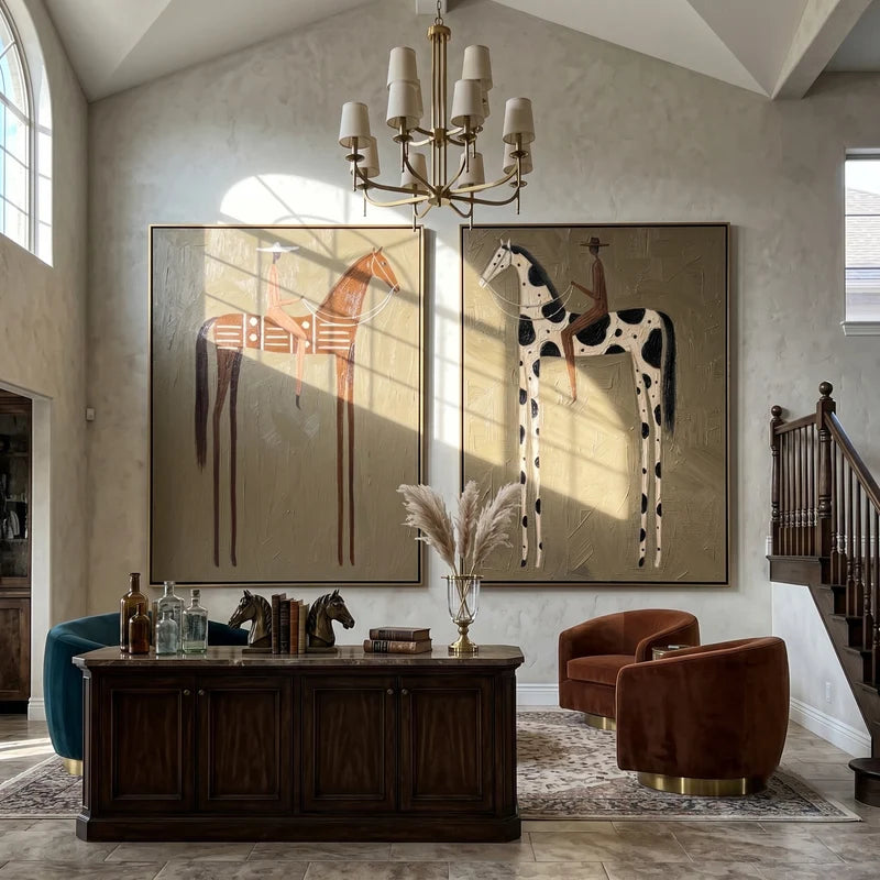 Brown and Pinto Horse Rider Diptych – Western Folk Wall Art#yy825110