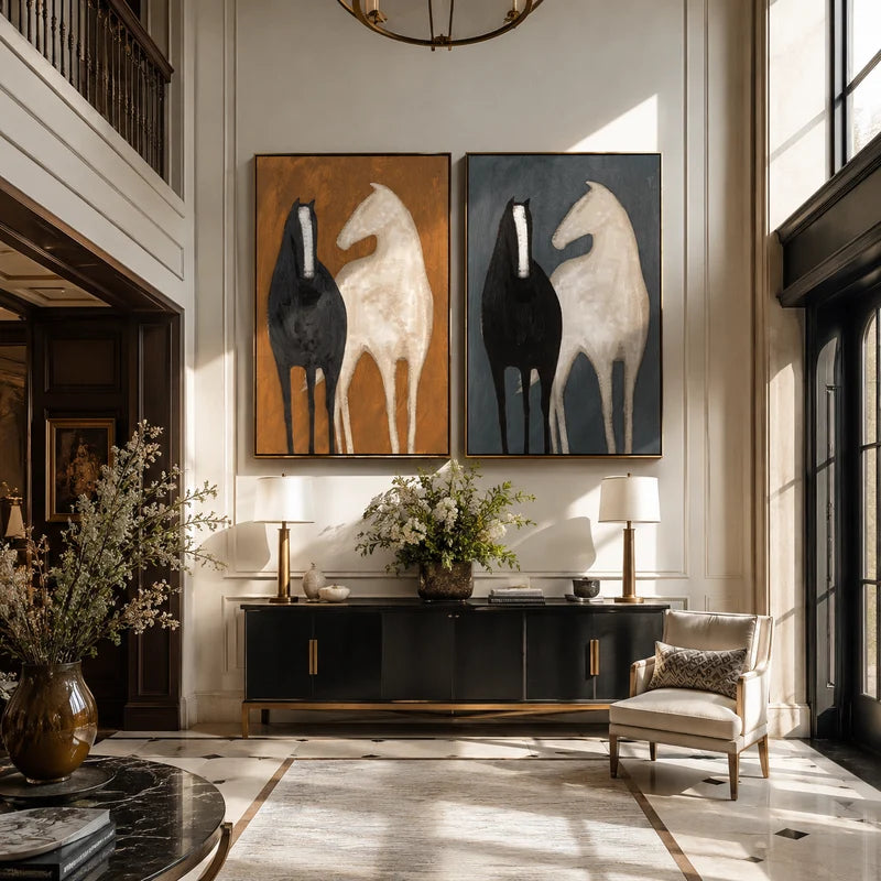 Horse Companions Diptych Wall Art – Ochre and Slate Blue Painting#yy825111