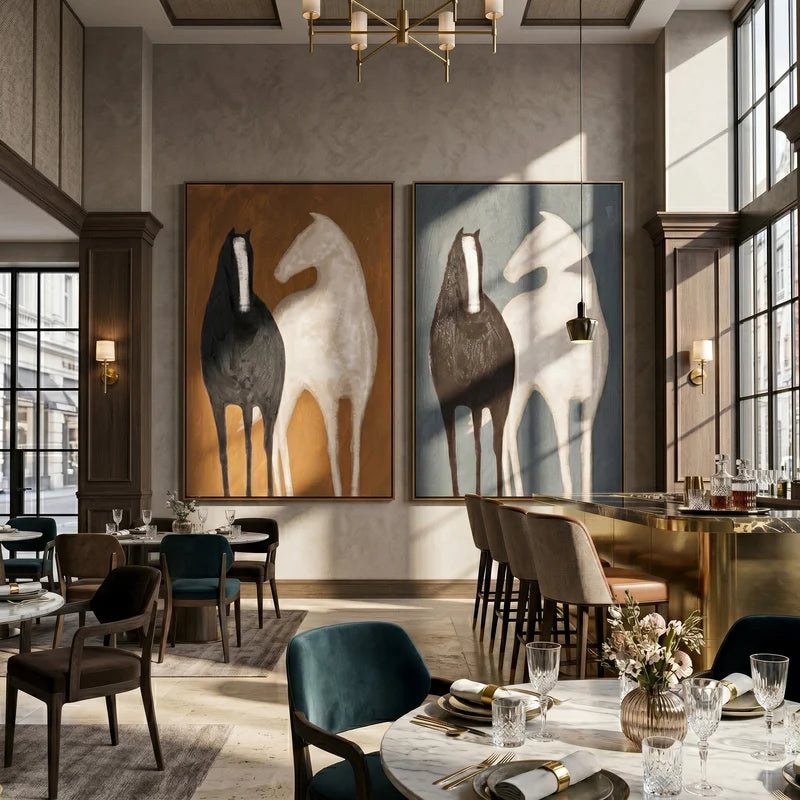 Horse Companions Diptych Wall Art – Ochre and Slate Blue Painting#yy825111