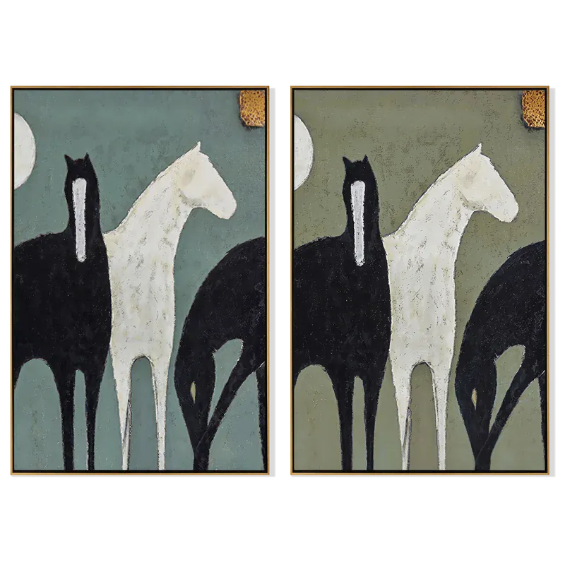 Three Horse Diptych Wall Art – Blue Green and Sage Equestrian Painting#yy825112