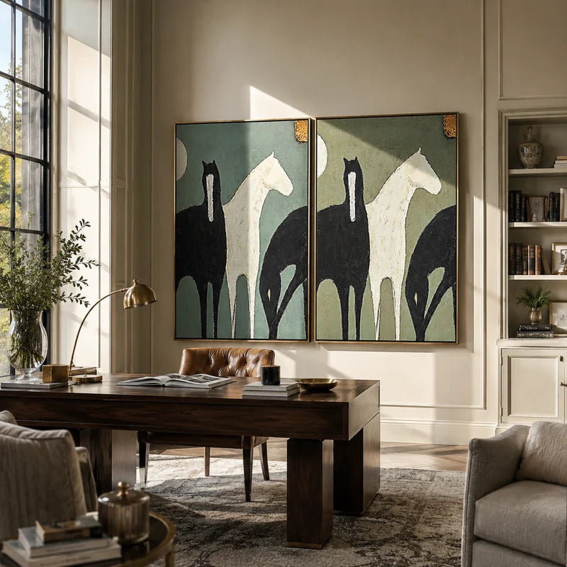 Three Horse Diptych Wall Art – Blue Green and Sage Equestrian Painting#yy825112
