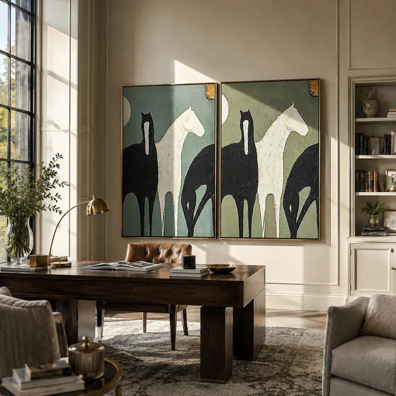 Three Horse Diptych Wall Art – Blue Green and Sage Equestrian Painting#yy825112