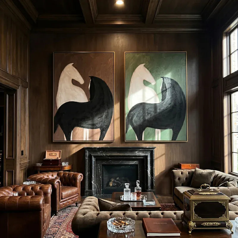 Abstract Black and White Horse Diptych – Cocoa and Forest Green Wall Art#yy825113