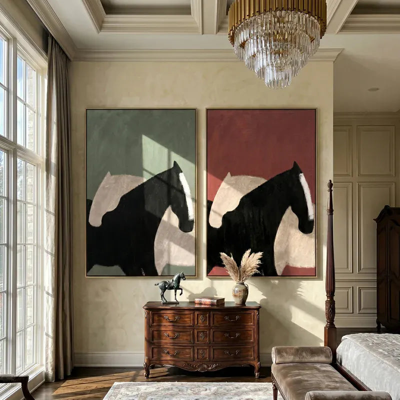 Black and White Horse Diptych Wall Art – Sage and Terracotta Painting#yy825114