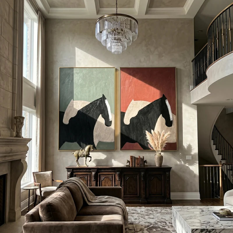 Black and White Horse Diptych Wall Art – Sage and Terracotta Painting#yy825114