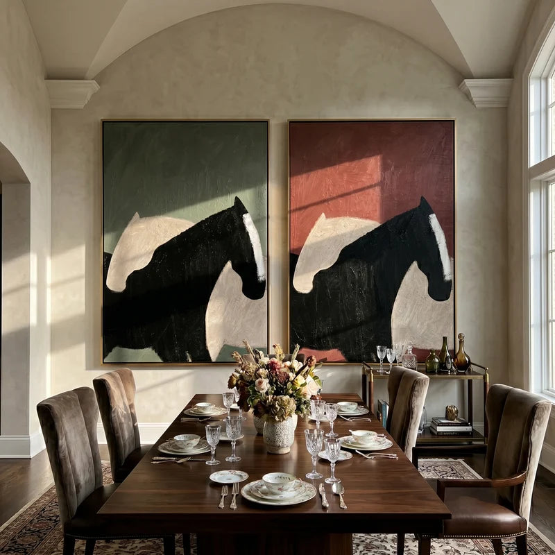 Black and White Horse Diptych Wall Art – Sage and Terracotta Painting#yy825114