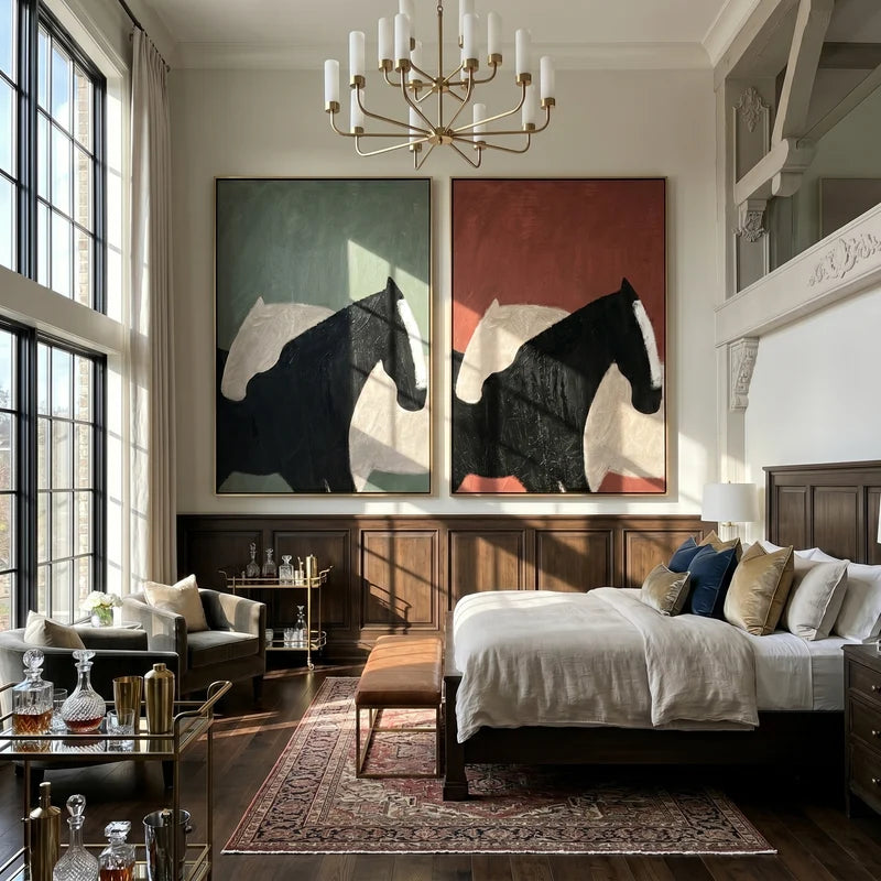 Black and White Horse Diptych Wall Art – Sage and Terracotta Painting#yy825114