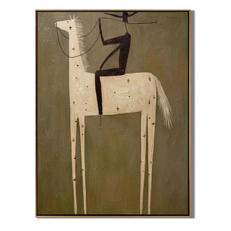 White Long-Leg Horse Rider Wall Art – Olive Western Painting#yy825116