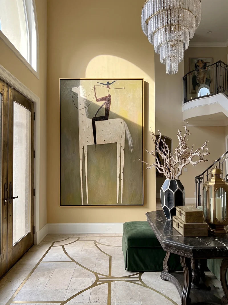 White Long-Leg Horse Rider Wall Art – Olive Western Painting#yy825116