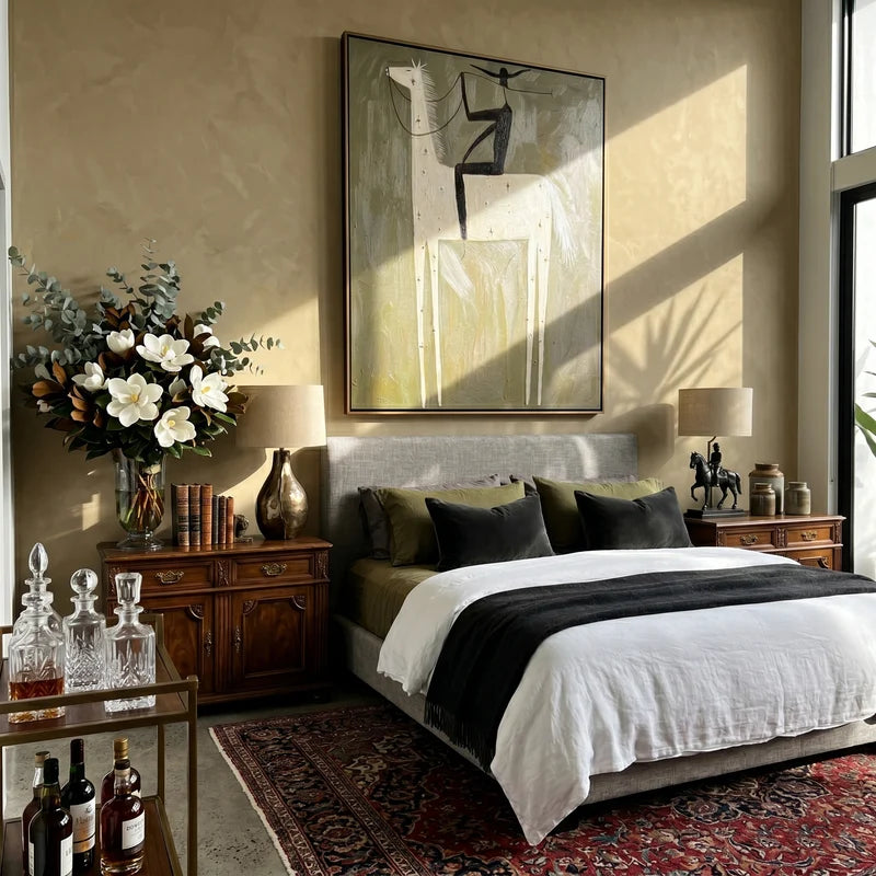 White Long-Leg Horse Rider Wall Art – Olive Western Painting#yy825116