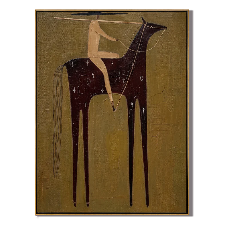 Lance Rider Black Horse Wall Art – Rustic Folk Equestrian Painting#yy825117