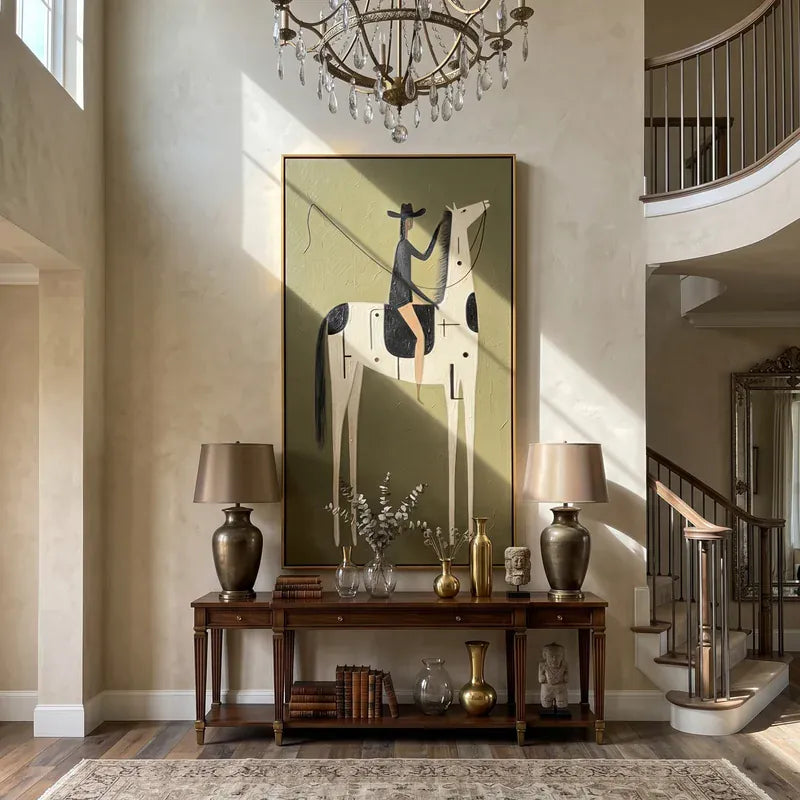 Black Hat Rider on Symbolic White Horse Wall Art – Olive Western Painting#yy825120